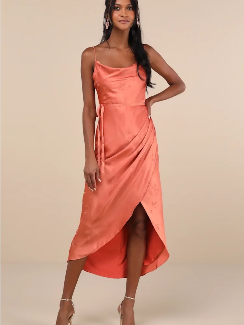 Lulu's Coral Satin High-Low Wrap Slip Dress